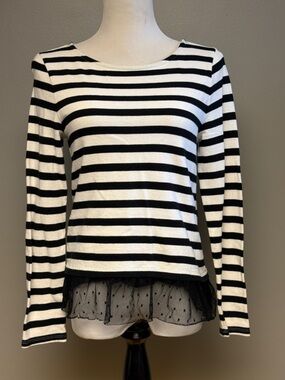 Talbots Black White Striped Top Small Long Sleeve Cotton Sheer Hem